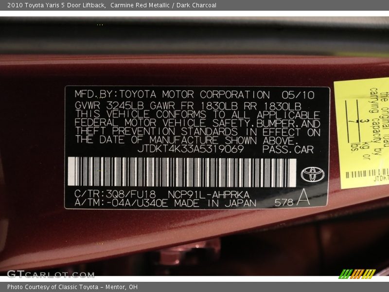 Carmine Red Metallic / Dark Charcoal 2010 Toyota Yaris 5 Door Liftback