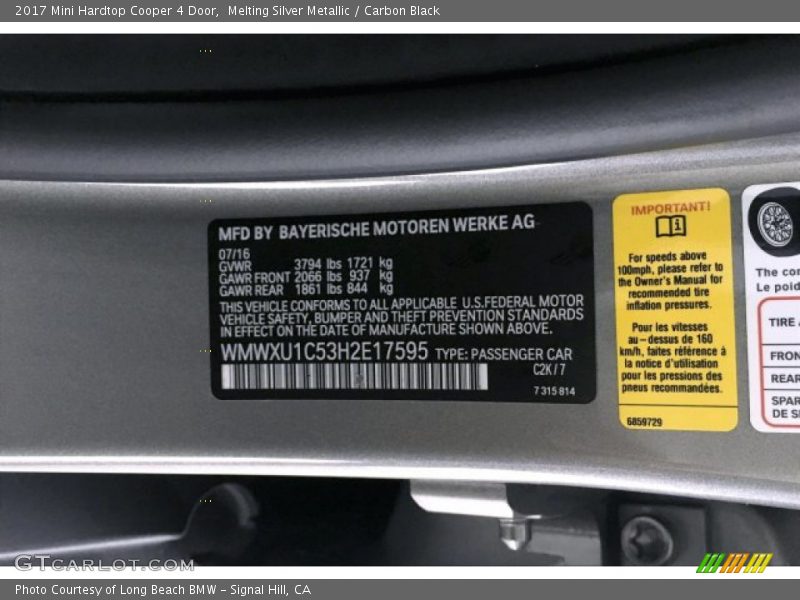 2017 Hardtop Cooper 4 Door Melting Silver Metallic Color Code C2K