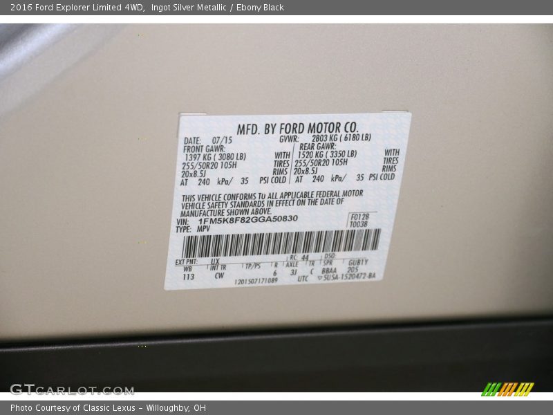 Ingot Silver Metallic / Ebony Black 2016 Ford Explorer Limited 4WD