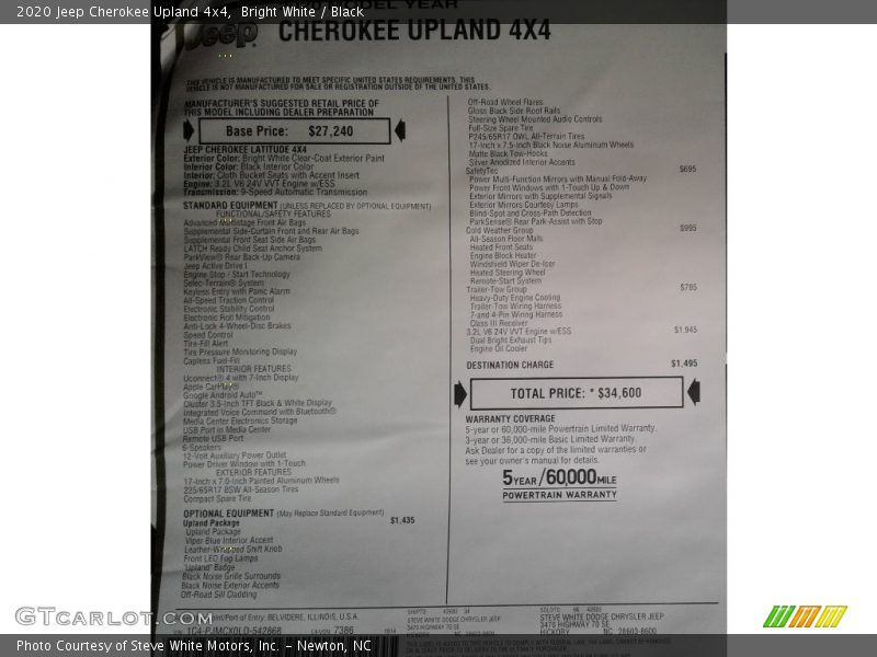 Bright White / Black 2020 Jeep Cherokee Upland 4x4