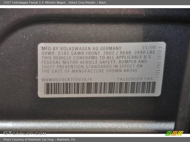 United Grey Metallic / Black 2007 Volkswagen Passat 3.6 4Motion Wagon