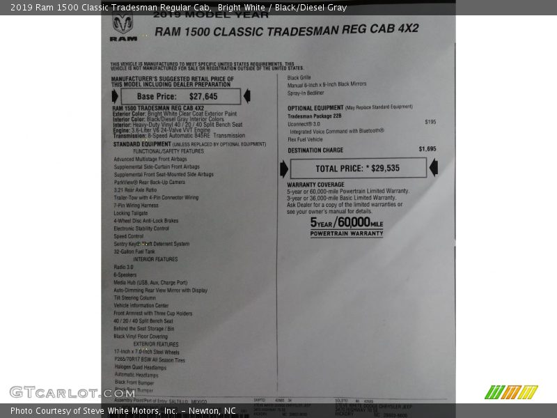  2019 1500 Classic Tradesman Regular Cab Window Sticker