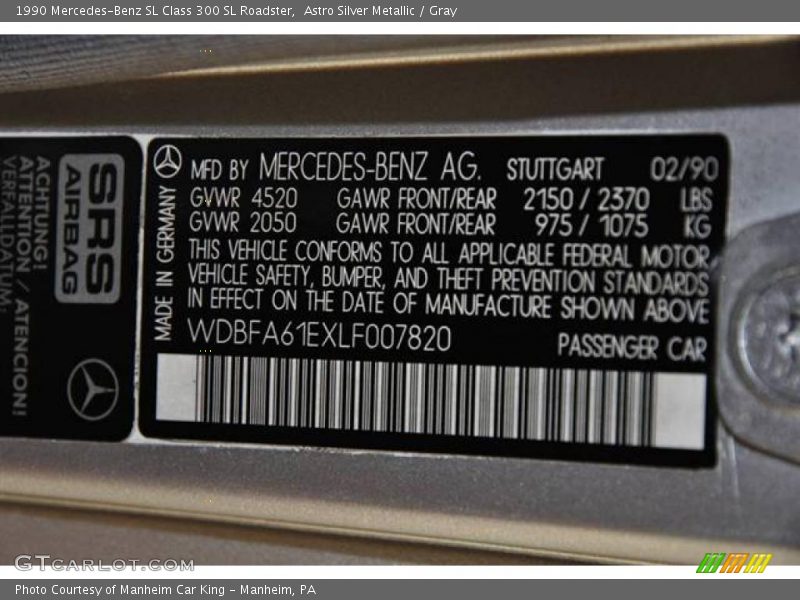 Astro Silver Metallic / Gray 1990 Mercedes-Benz SL Class 300 SL Roadster