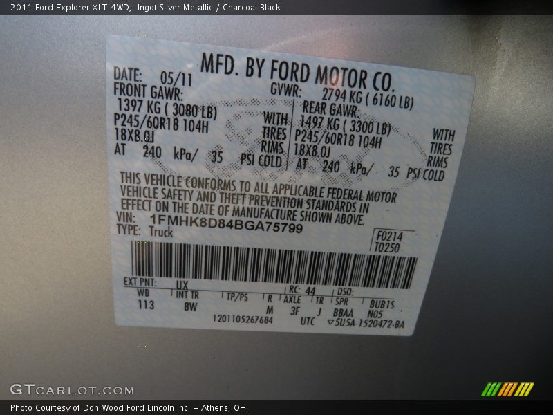 Ingot Silver Metallic / Charcoal Black 2011 Ford Explorer XLT 4WD