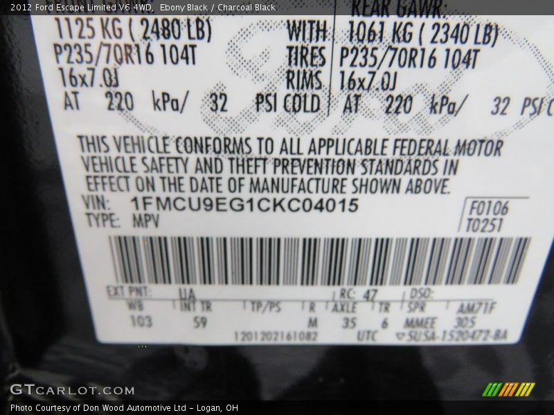 Ebony Black / Charcoal Black 2012 Ford Escape Limited V6 4WD