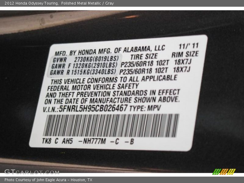 Polished Metal Metallic / Gray 2012 Honda Odyssey Touring