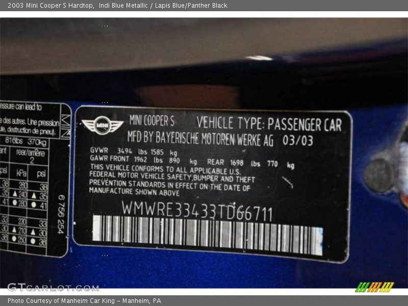 Indi Blue Metallic / Lapis Blue/Panther Black 2003 Mini Cooper S Hardtop