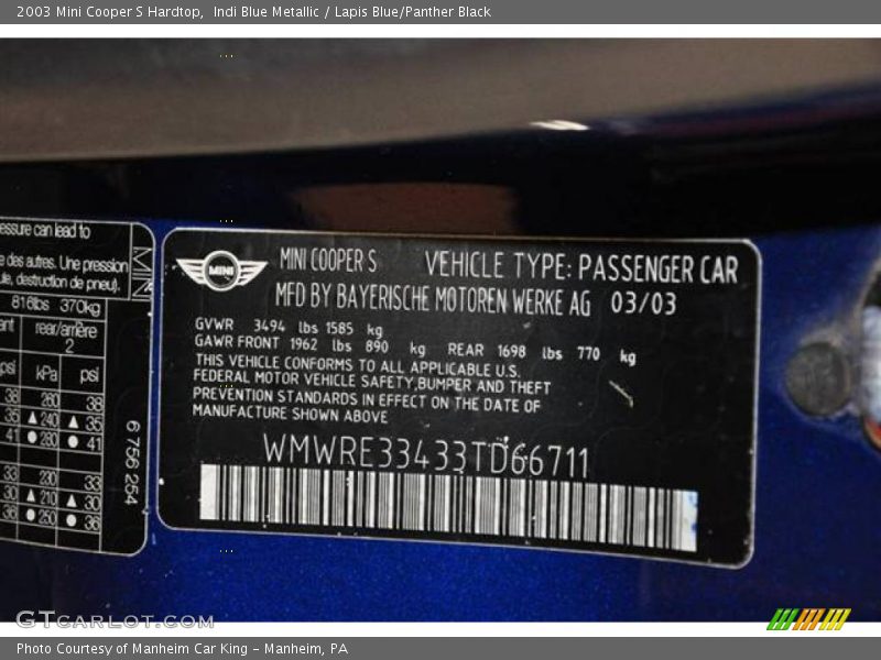 Indi Blue Metallic / Lapis Blue/Panther Black 2003 Mini Cooper S Hardtop