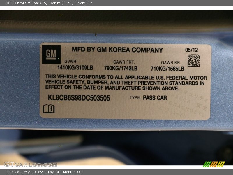 Denim (Blue) / Silver/Blue 2013 Chevrolet Spark LS