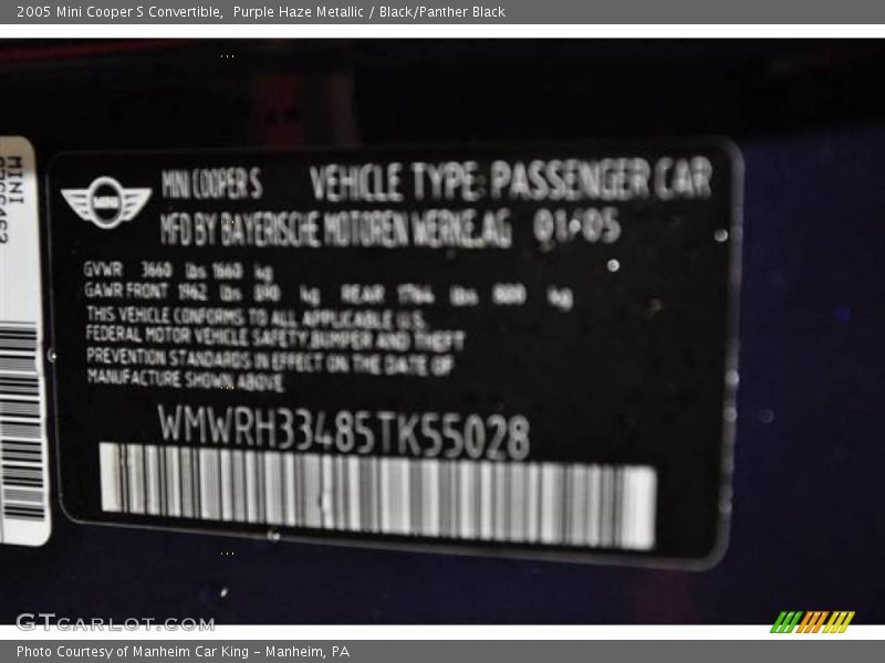 Purple Haze Metallic / Black/Panther Black 2005 Mini Cooper S Convertible