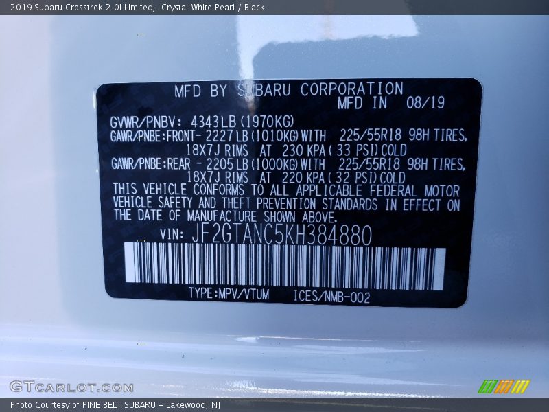 Crystal White Pearl / Black 2019 Subaru Crosstrek 2.0i Limited