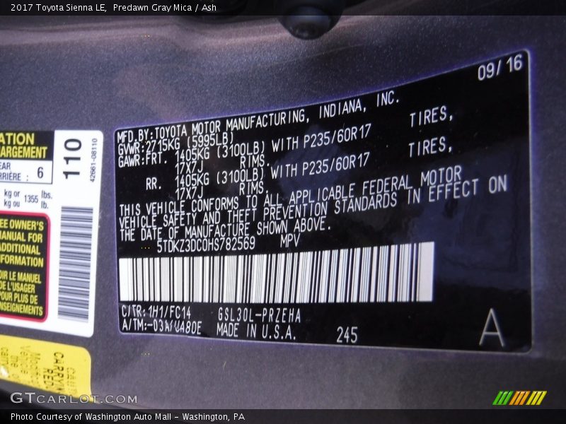 Predawn Gray Mica / Ash 2017 Toyota Sienna LE