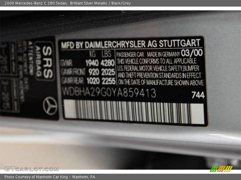 Brilliant Silver Metallic / Black/Grey 2000 Mercedes-Benz C 280 Sedan