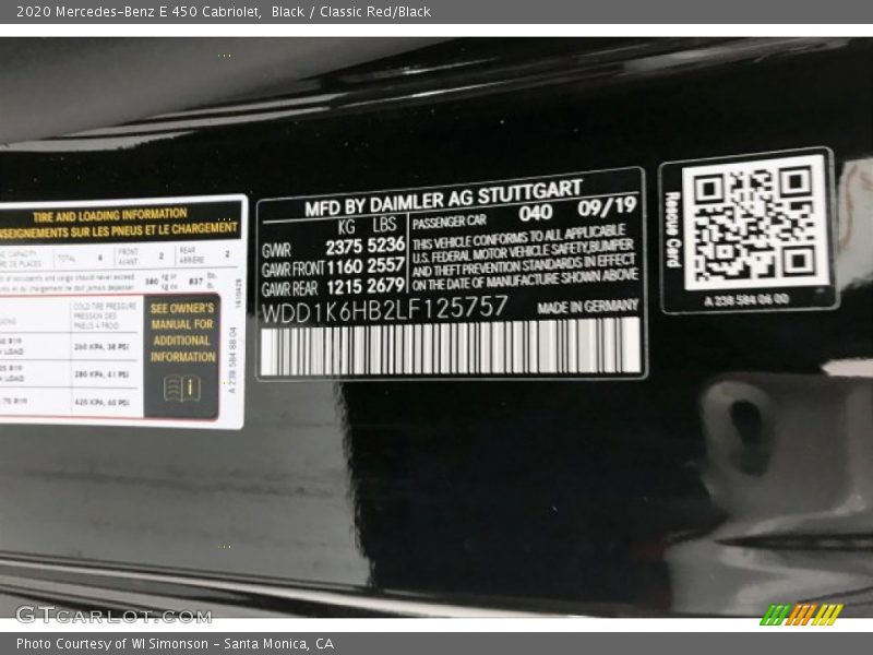 2020 E 450 Cabriolet Black Color Code 040