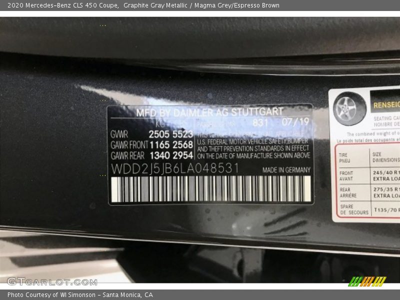 2020 CLS 450 Coupe Graphite Gray Metallic Color Code 831