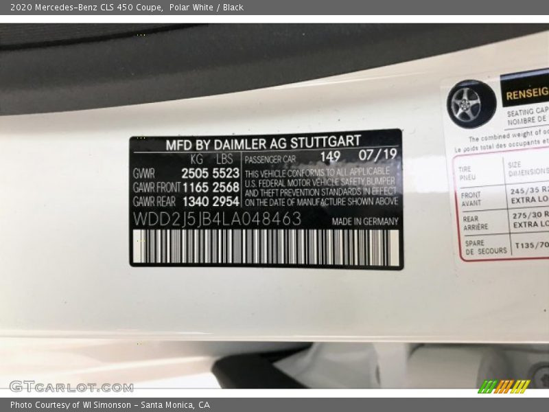 2020 CLS 450 Coupe Polar White Color Code 149