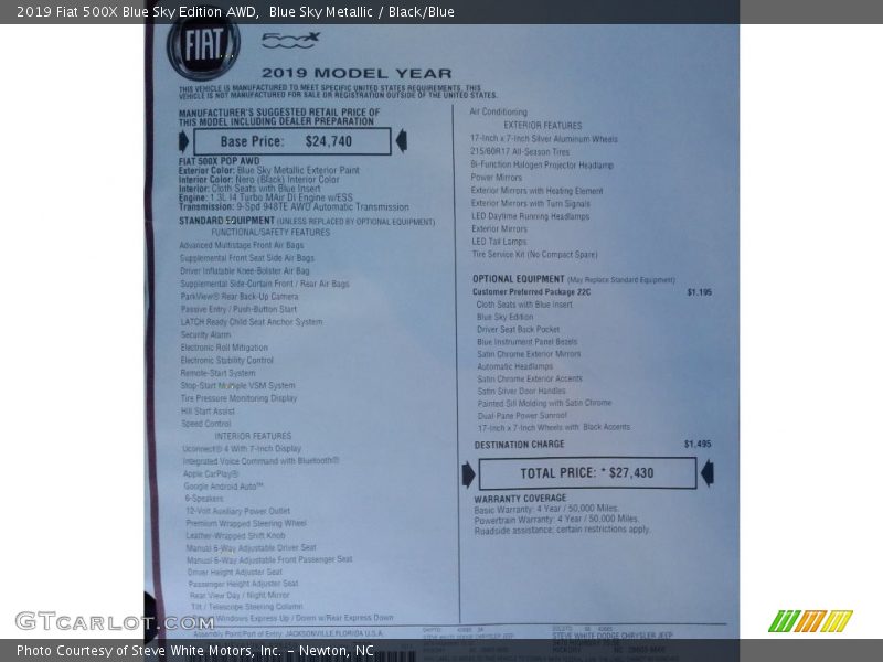  2019 500X Blue Sky Edition AWD Window Sticker