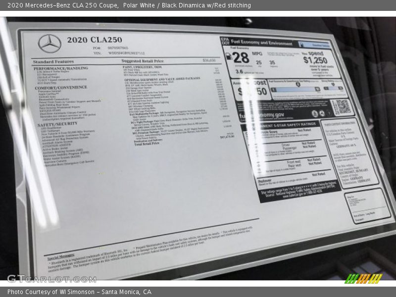 Polar White / Black Dinamica w/Red stitching 2020 Mercedes-Benz CLA 250 Coupe