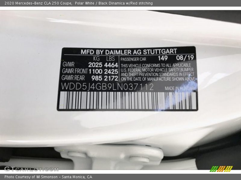 Polar White / Black Dinamica w/Red stitching 2020 Mercedes-Benz CLA 250 Coupe
