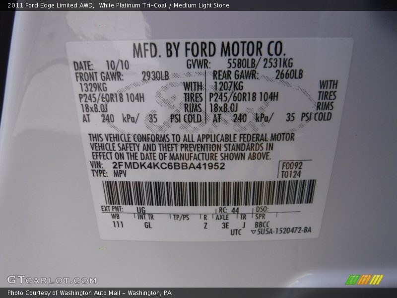 White Platinum Tri-Coat / Medium Light Stone 2011 Ford Edge Limited AWD