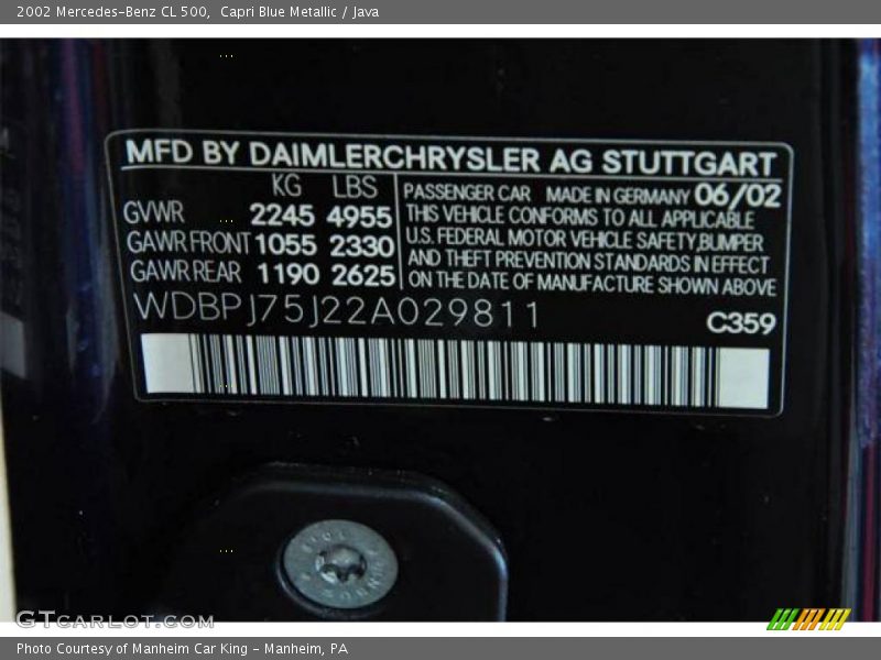 Capri Blue Metallic / Java 2002 Mercedes-Benz CL 500