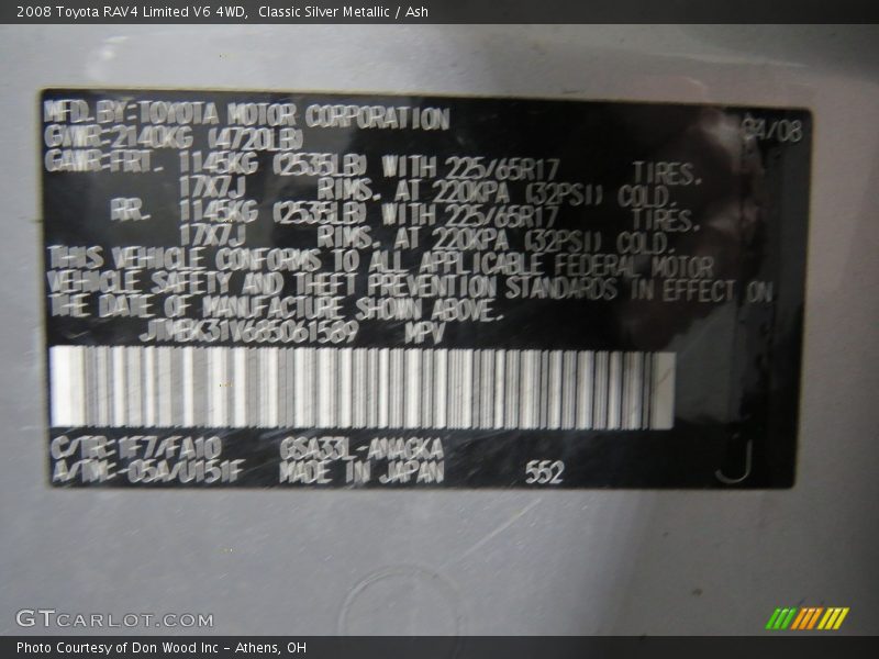 Classic Silver Metallic / Ash 2008 Toyota RAV4 Limited V6 4WD