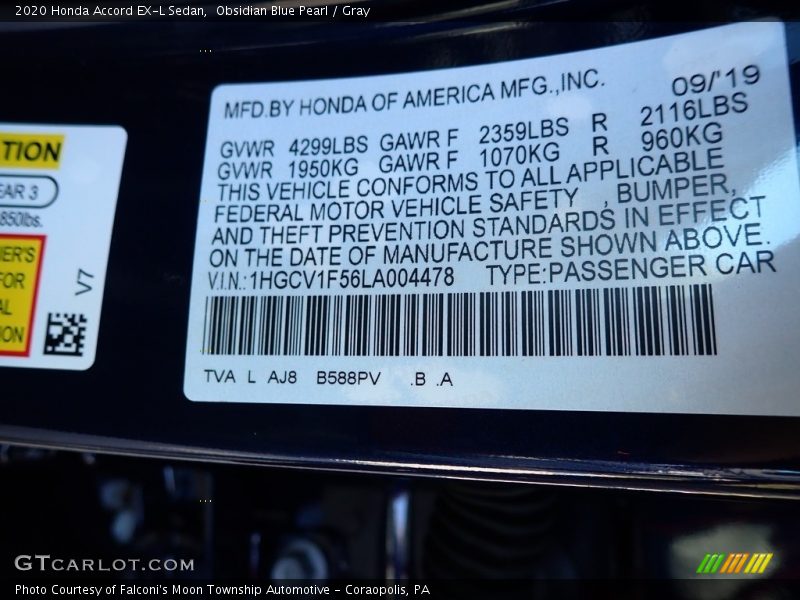 Obsidian Blue Pearl / Gray 2020 Honda Accord EX-L Sedan