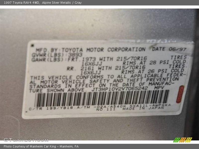 Alpine Silver Metallic / Gray 1997 Toyota RAV4 4WD