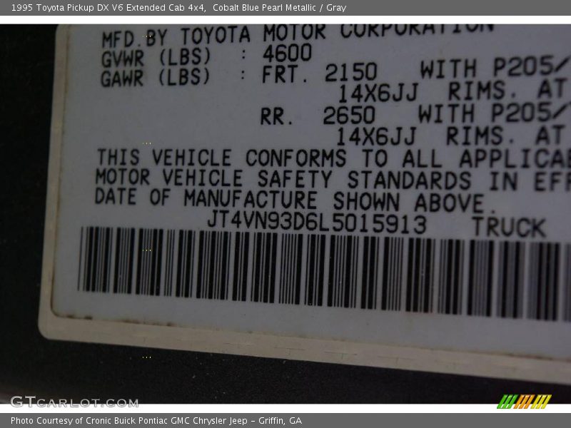 Cobalt Blue Pearl Metallic / Gray 1995 Toyota Pickup DX V6 Extended Cab 4x4