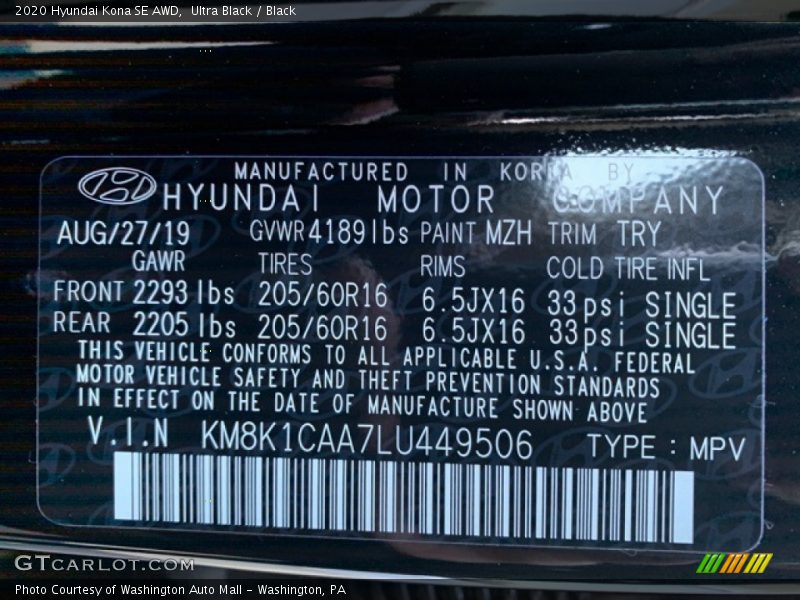 Ultra Black / Black 2020 Hyundai Kona SE AWD