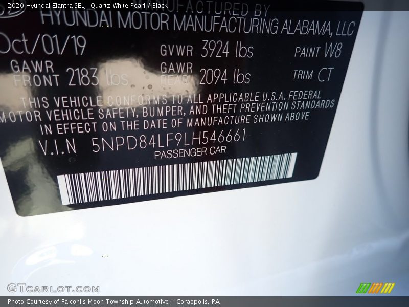 Quartz White Pearl / Black 2020 Hyundai Elantra SEL