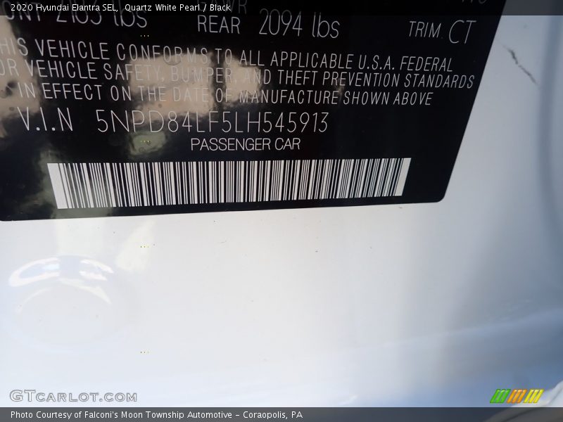 Quartz White Pearl / Black 2020 Hyundai Elantra SEL