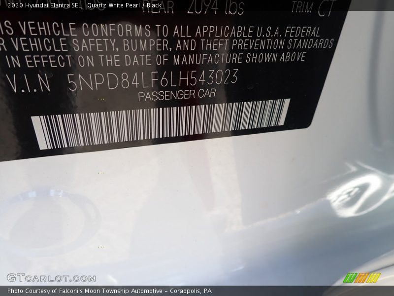 Quartz White Pearl / Black 2020 Hyundai Elantra SEL