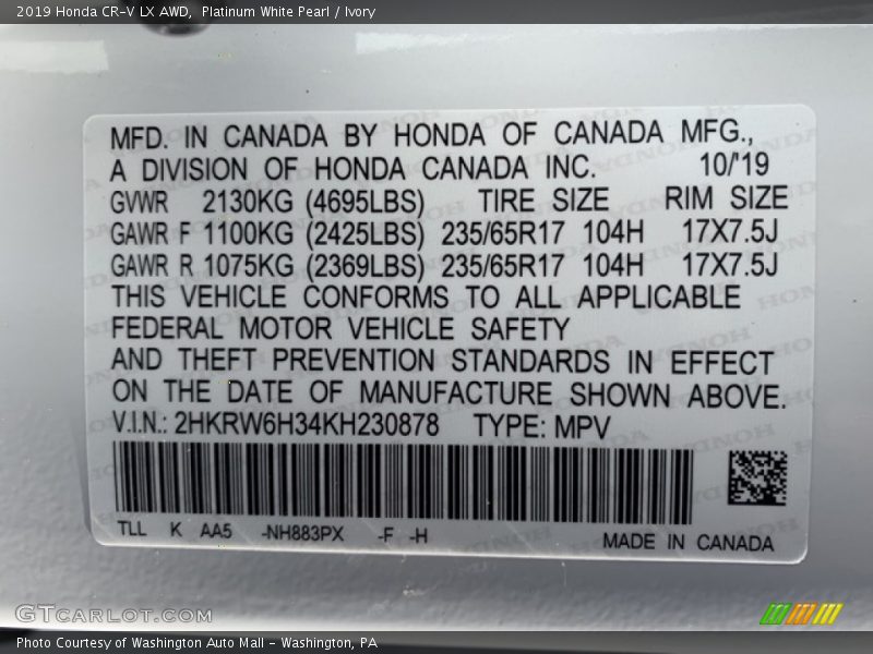 Platinum White Pearl / Ivory 2019 Honda CR-V LX AWD