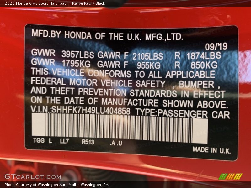 Rallye Red / Black 2020 Honda Civic Sport Hatchback