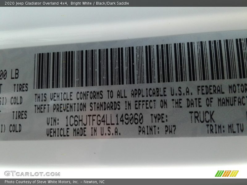 Bright White / Black/Dark Saddle 2020 Jeep Gladiator Overland 4x4