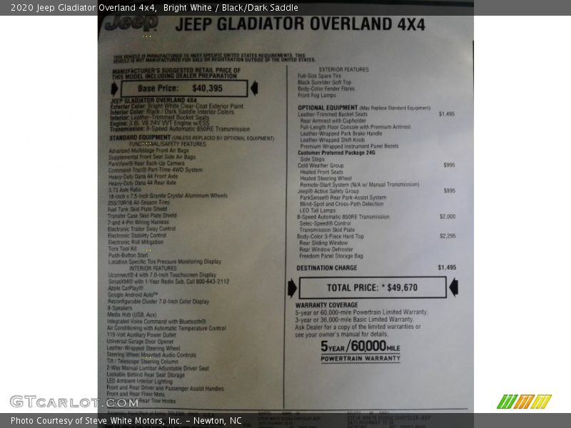 Bright White / Black/Dark Saddle 2020 Jeep Gladiator Overland 4x4