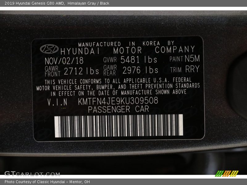 2019 Genesis G80 AWD Himalayan Gray Color Code N5M