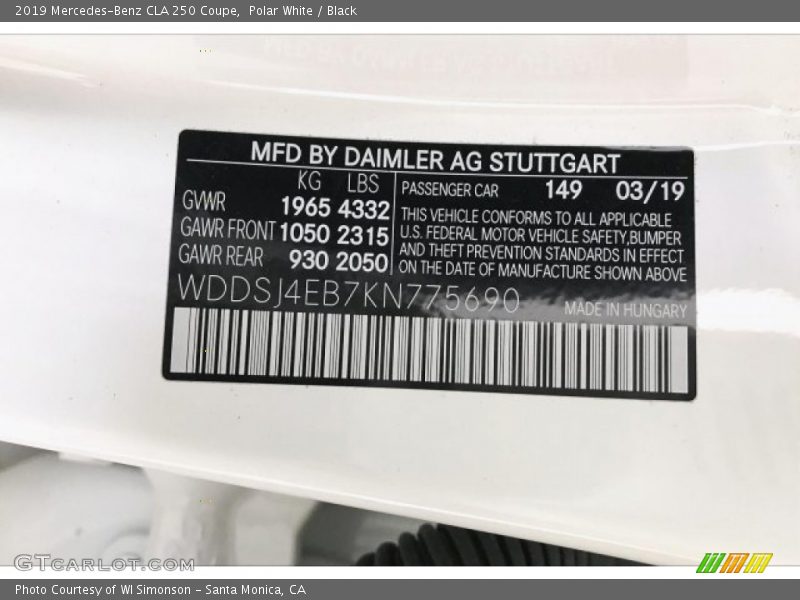 Polar White / Black 2019 Mercedes-Benz CLA 250 Coupe