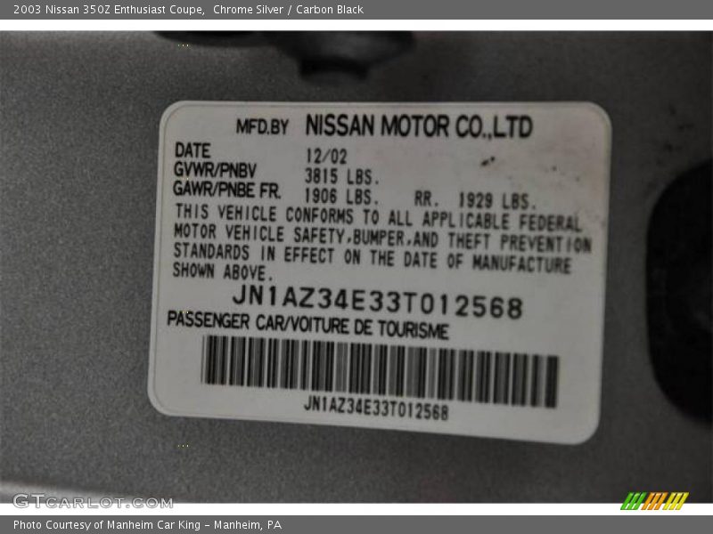 Chrome Silver / Carbon Black 2003 Nissan 350Z Enthusiast Coupe