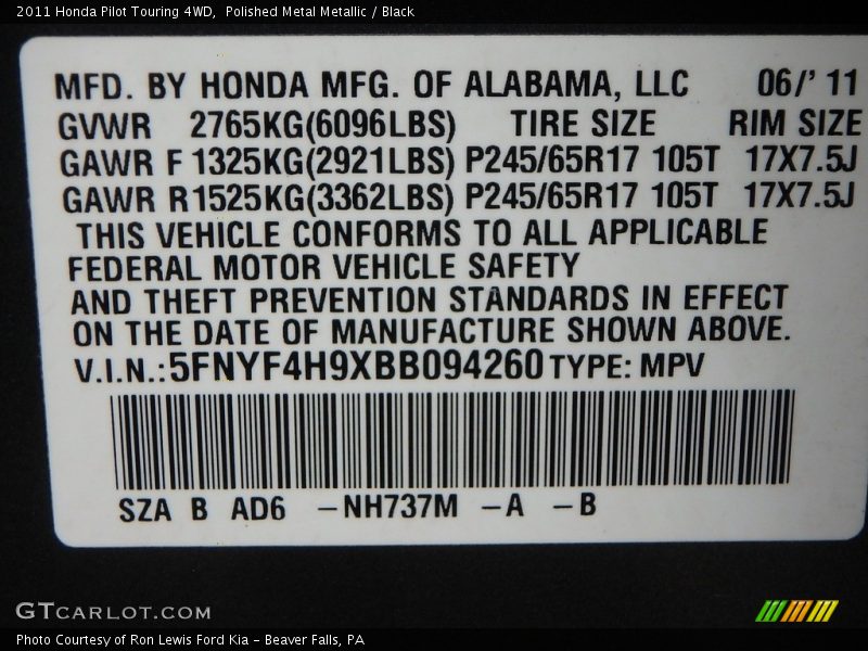 Polished Metal Metallic / Black 2011 Honda Pilot Touring 4WD