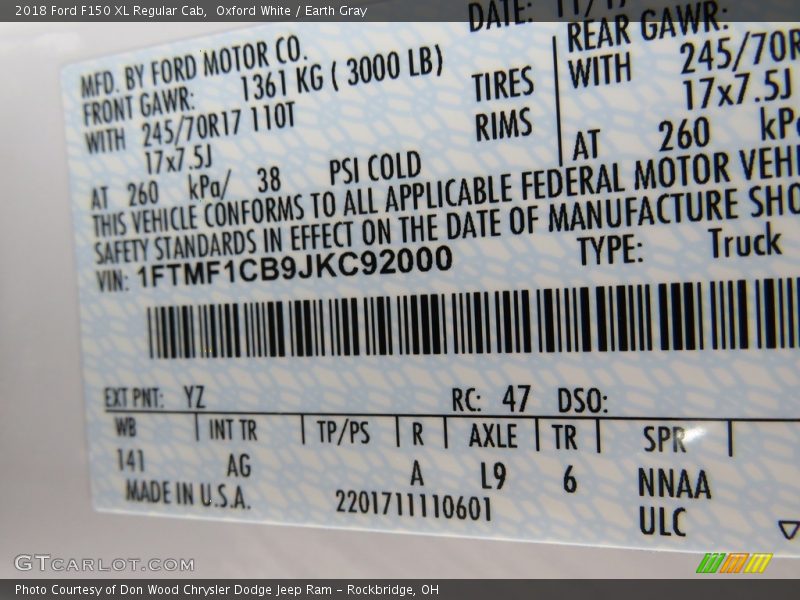 Oxford White / Earth Gray 2018 Ford F150 XL Regular Cab