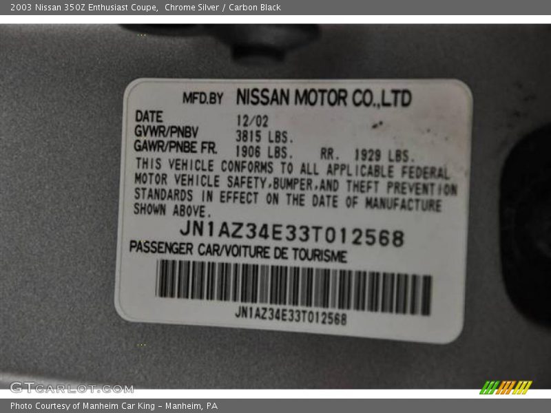 Chrome Silver / Carbon Black 2003 Nissan 350Z Enthusiast Coupe