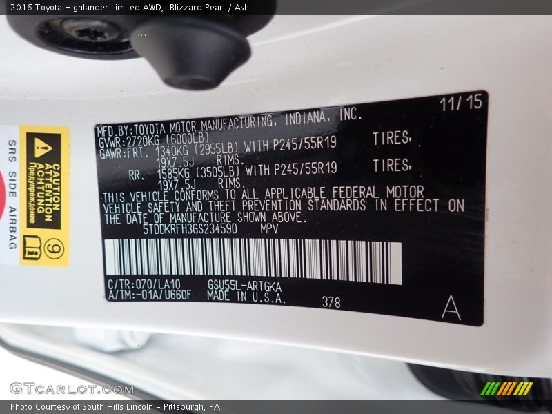 Blizzard Pearl / Ash 2016 Toyota Highlander Limited AWD
