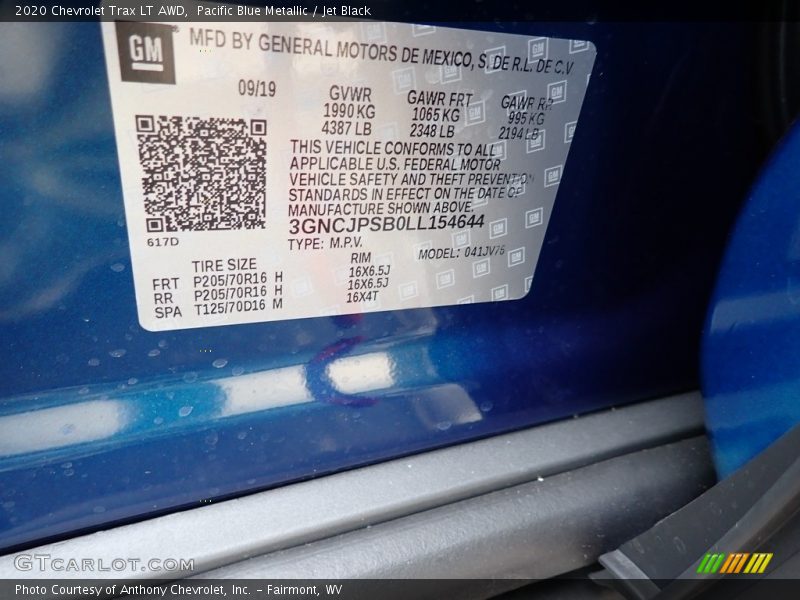 Pacific Blue Metallic / Jet Black 2020 Chevrolet Trax LT AWD