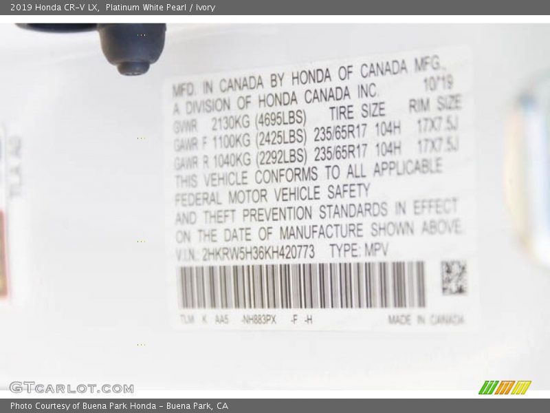 Platinum White Pearl / Ivory 2019 Honda CR-V LX
