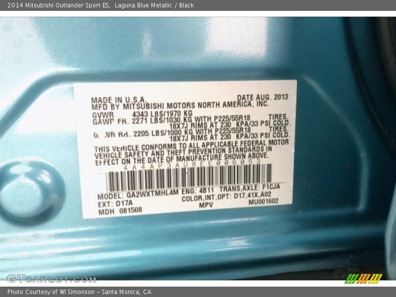 Laguna Blue Metallic / Black 2014 Mitsubishi Outlander Sport ES