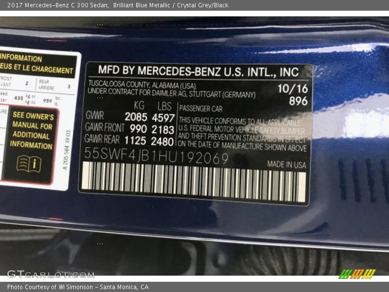 Brilliant Blue Metallic / Crystal Grey/Black 2017 Mercedes-Benz C 300 Sedan