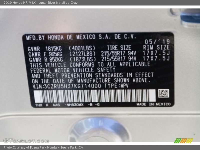 Lunar Silver Metallic / Gray 2019 Honda HR-V LX