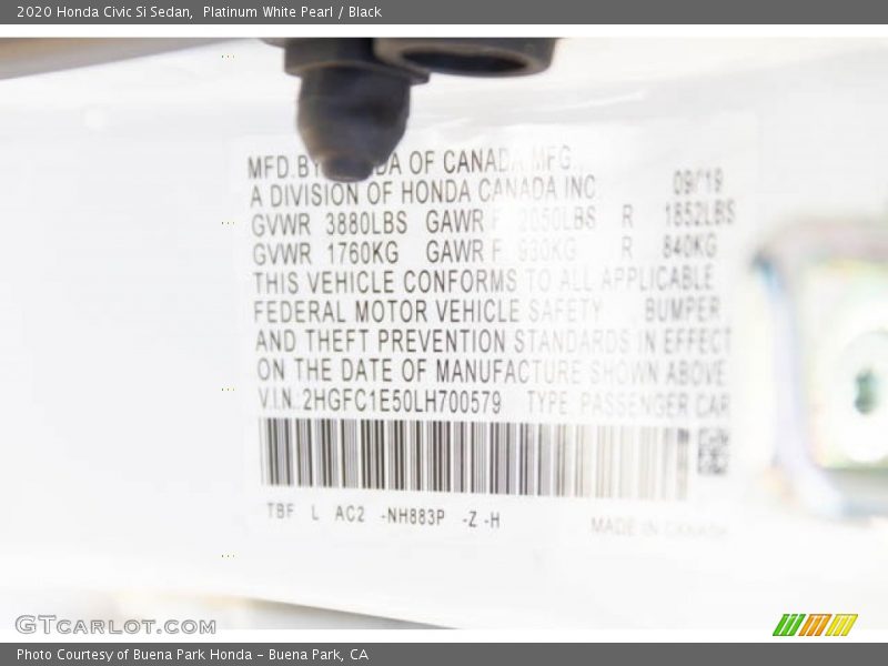Platinum White Pearl / Black 2020 Honda Civic Si Sedan